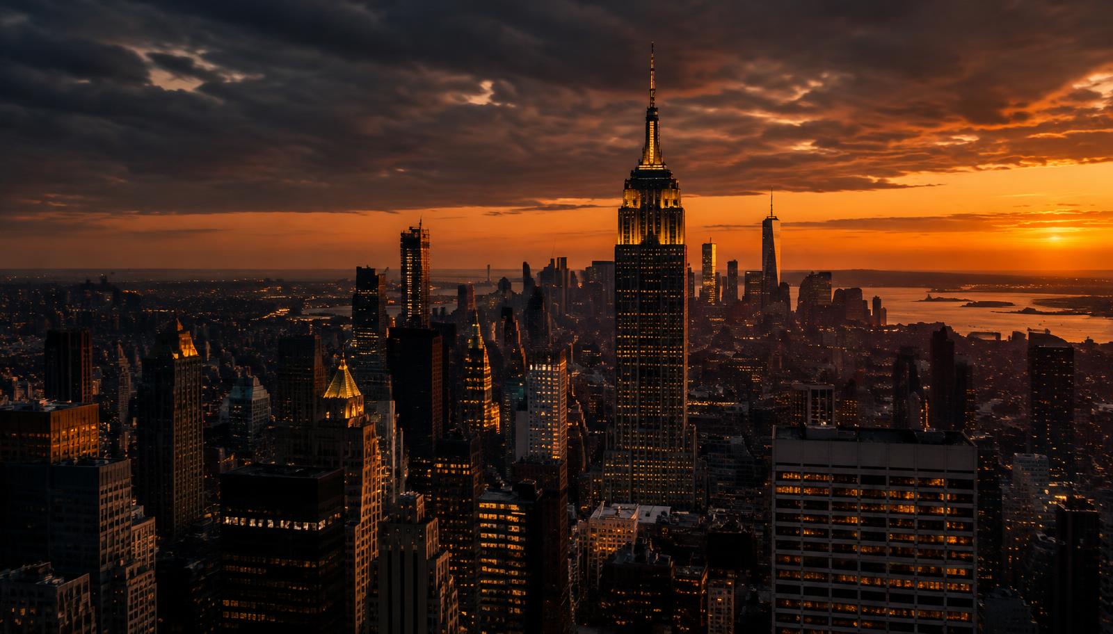 New York City skyline at dusk with the Empire State Building
