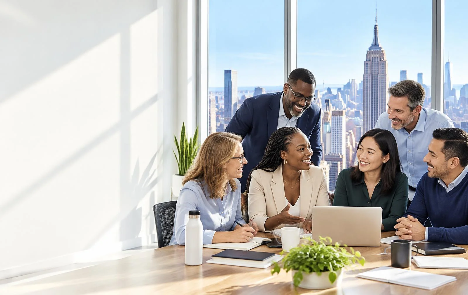 Multicultural professionals collaborating in a bright New York office overlooking the Empire State Building